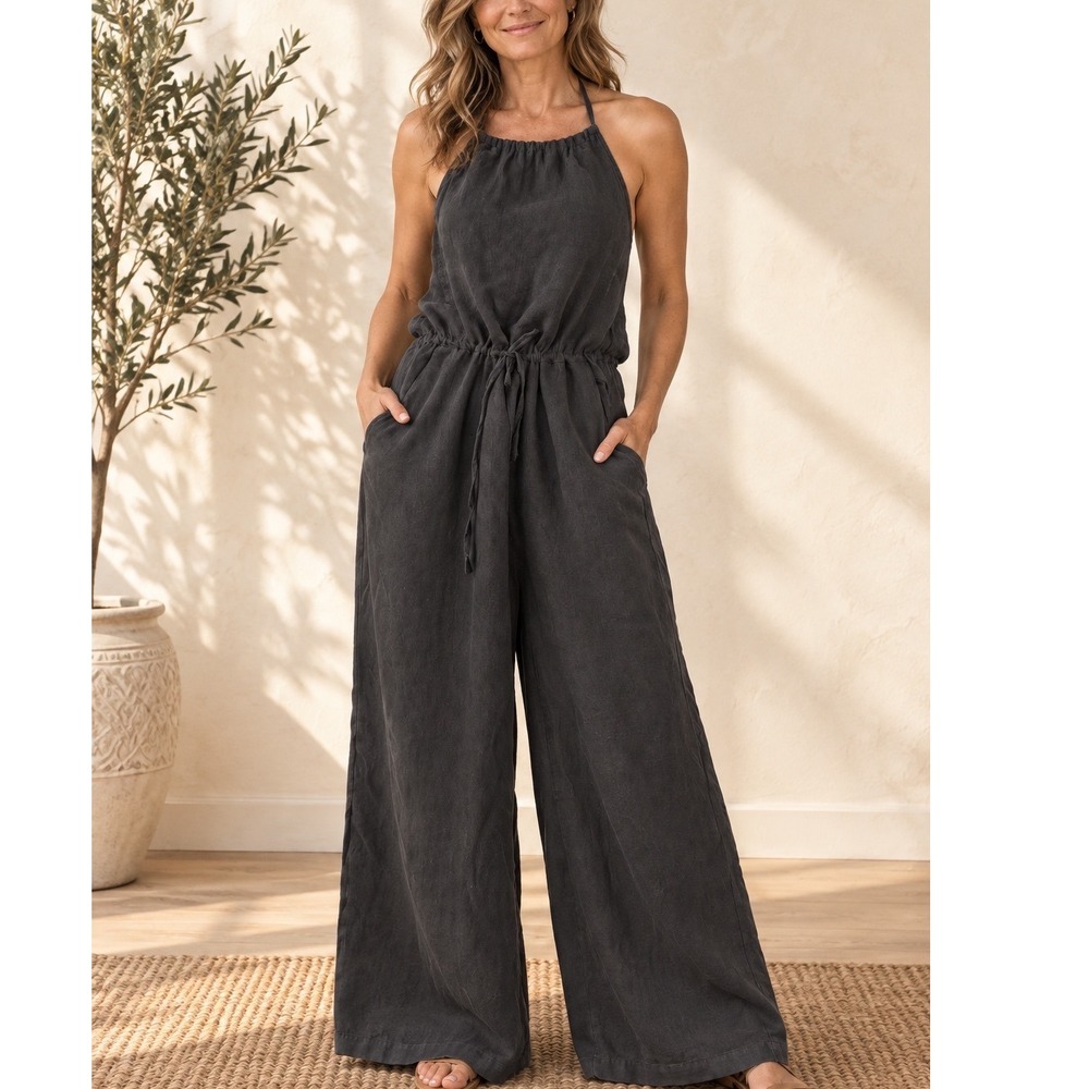 Rhythm Womens 100% Boho Linen Halter Jumpsuit Charcoal Grey Wide Leg Size M